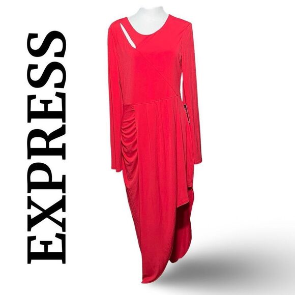 EXPRESS Vibrant Red Dress, Asymmetrical Hem, Long Sleeves  Front Cut out, Size L - Picture 1 of 9